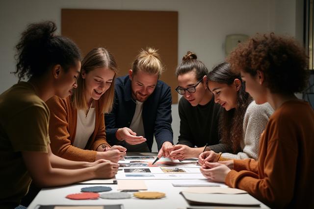 Team di Ordita Lab che collabora attorno a un tavolo con campioni di tessuto e schermi