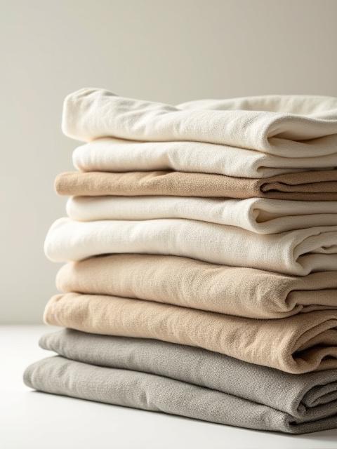 Pila di tessuti organici con diverse trame e colori naturali