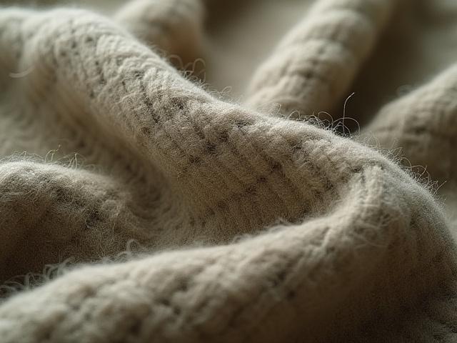 Fotografia di prodotto di un campione di lana intrecciata con profondità di campo.