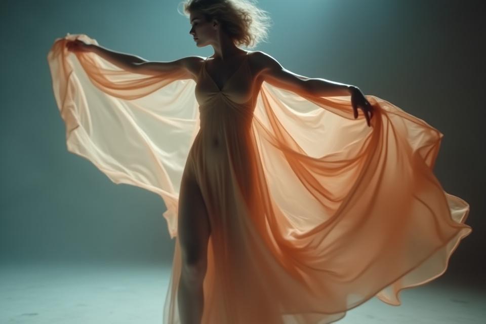 Filming a fashion model draped in flowing fabric, cinematic scene